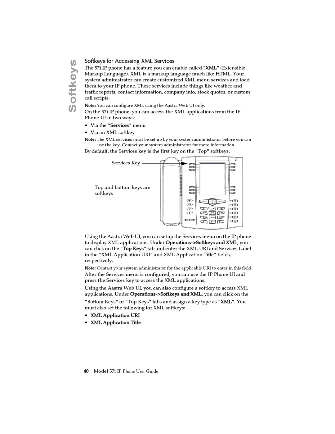 Aastra Telecom 57i IP Phone manual Softkeys for Accessing XML Services, XML Application URI XML Application Title 