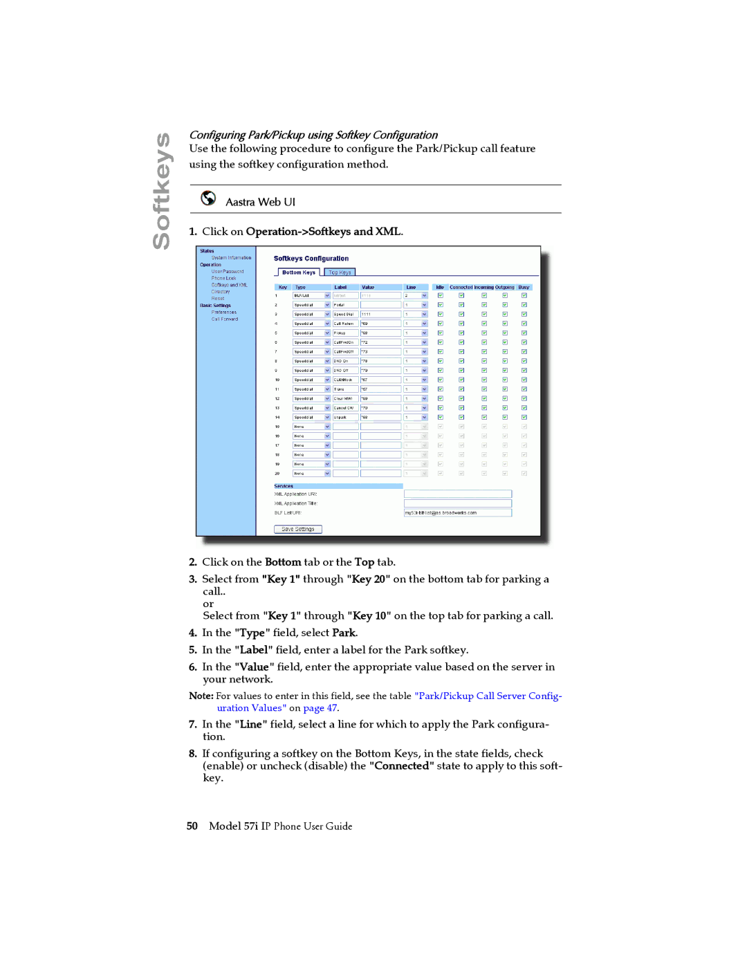 Aastra Telecom 57i IP Phone manual Configuring Park/Pickup using Softkey Configuration 