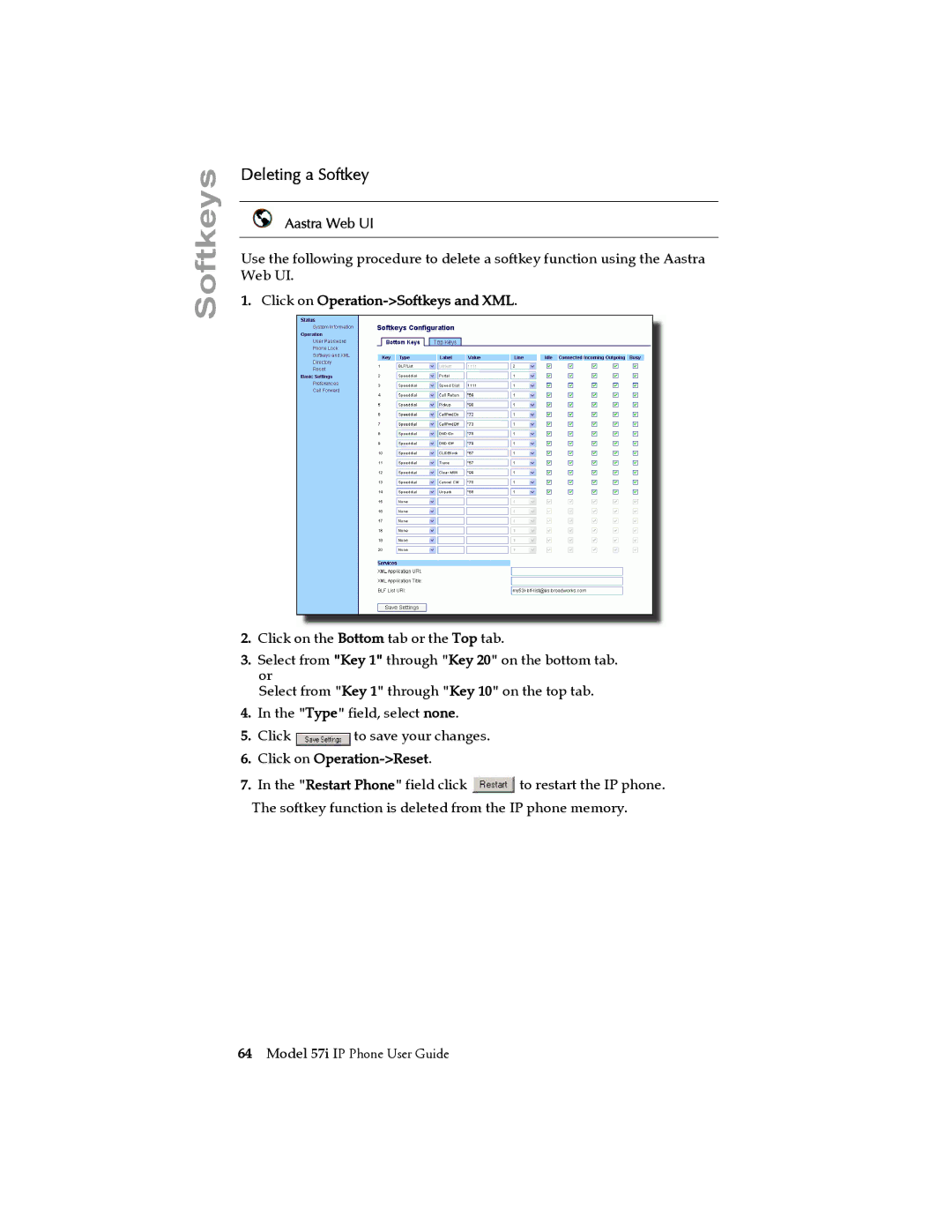 Aastra Telecom 57i IP Phone manual Deleting a Softkey 