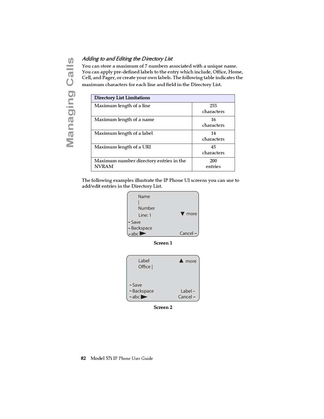 Aastra Telecom 57i IP Phone Managing Calls, Adding to and Editing the Directory List, Directory List Limitations, Screen 