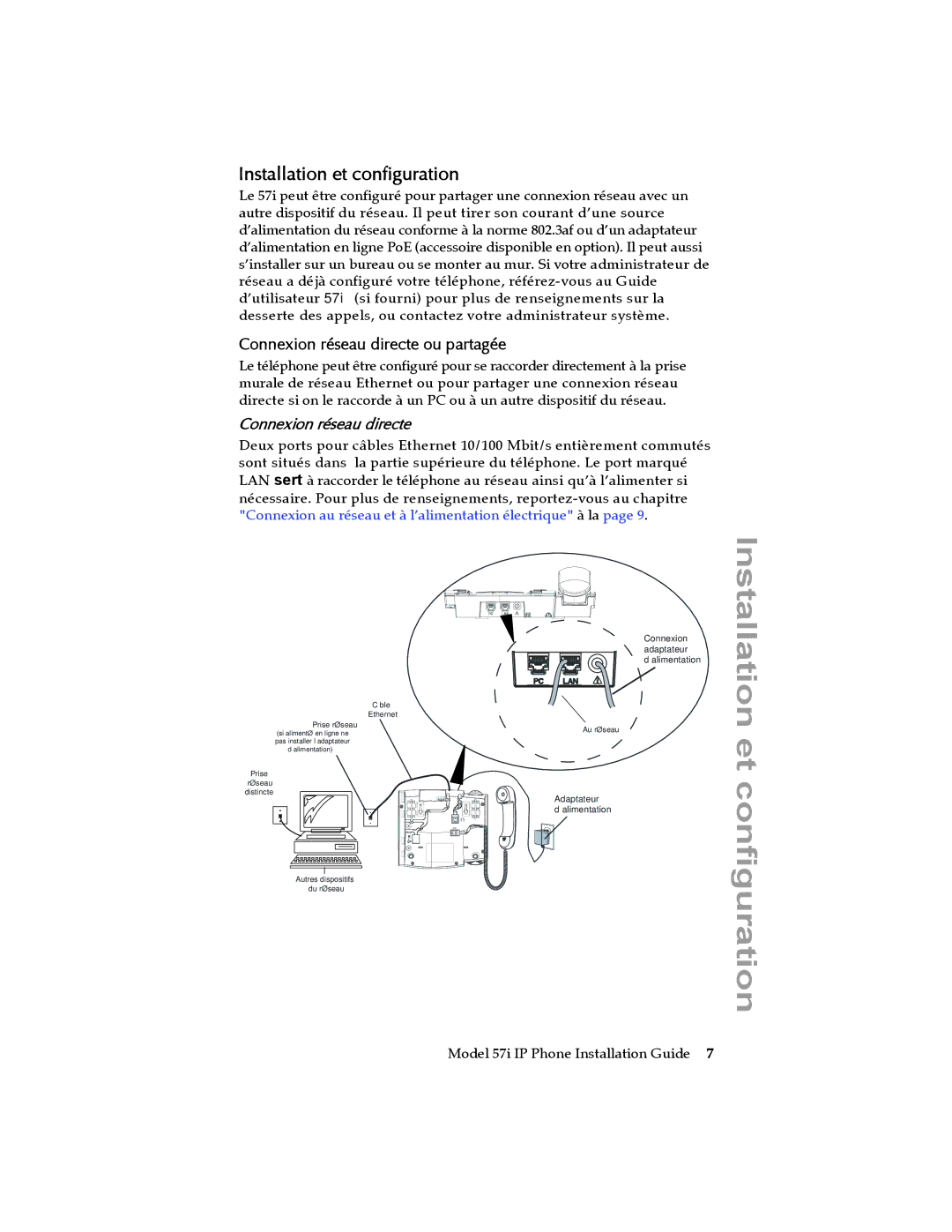 Aastra Telecom 57I IP manual Installation et configuration, Connexion réseau directe ou partagée 