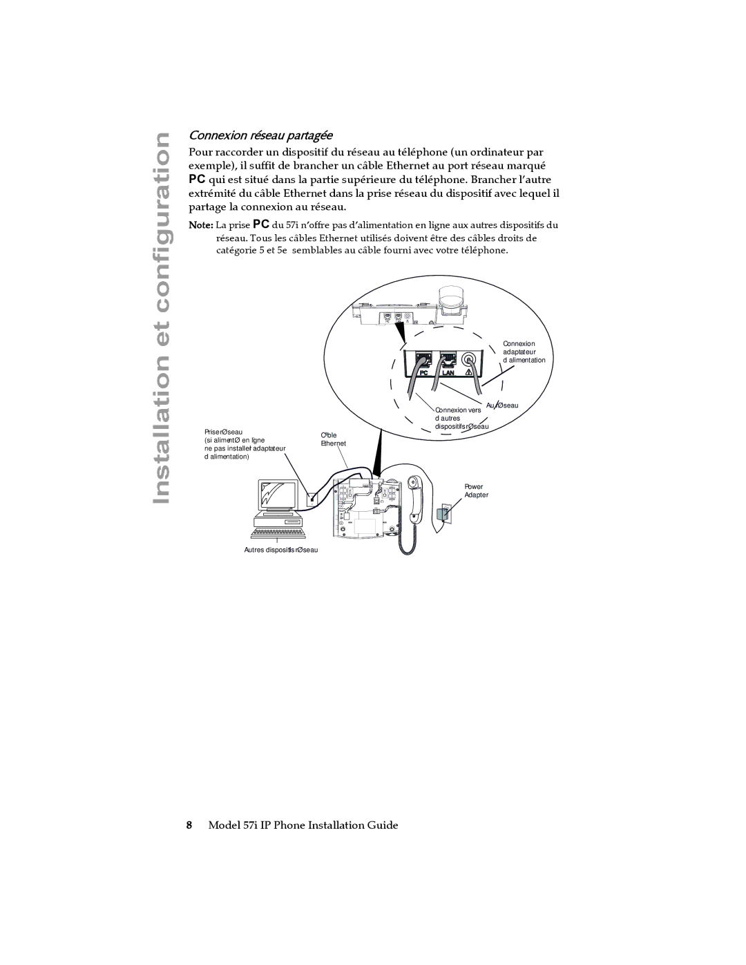 Aastra Telecom 57I IP manual Connexion réseau partagée 