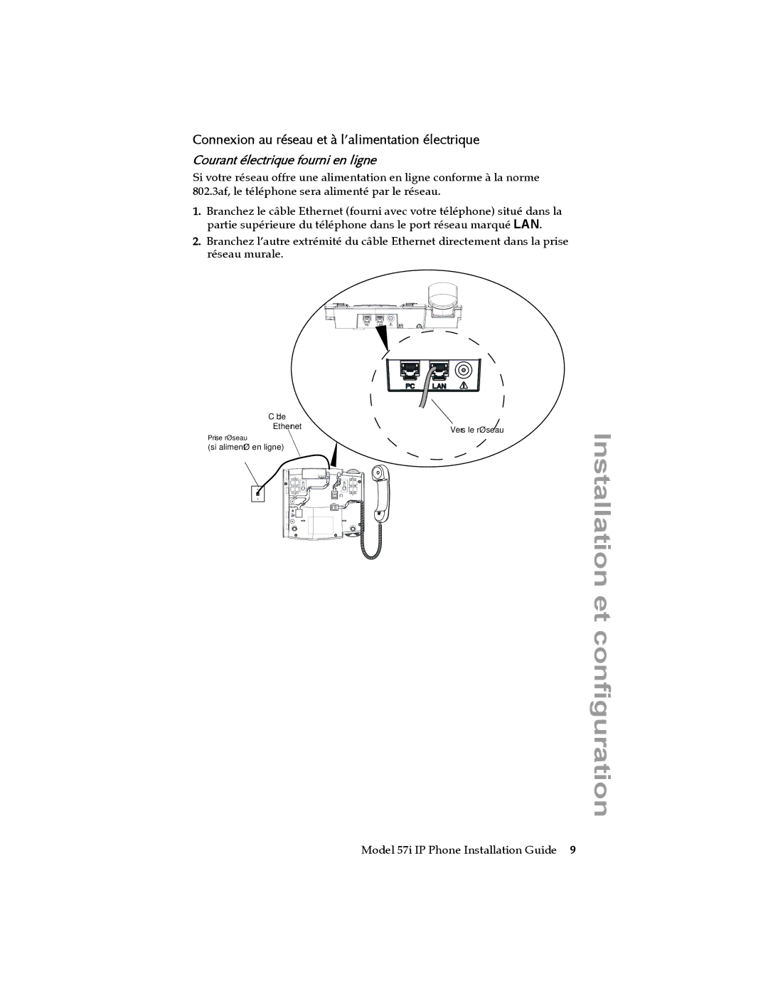 Aastra Telecom 57I IP manual Connexion au réseau et à l’alimentation électrique, Courant électrique fourni en ligne 