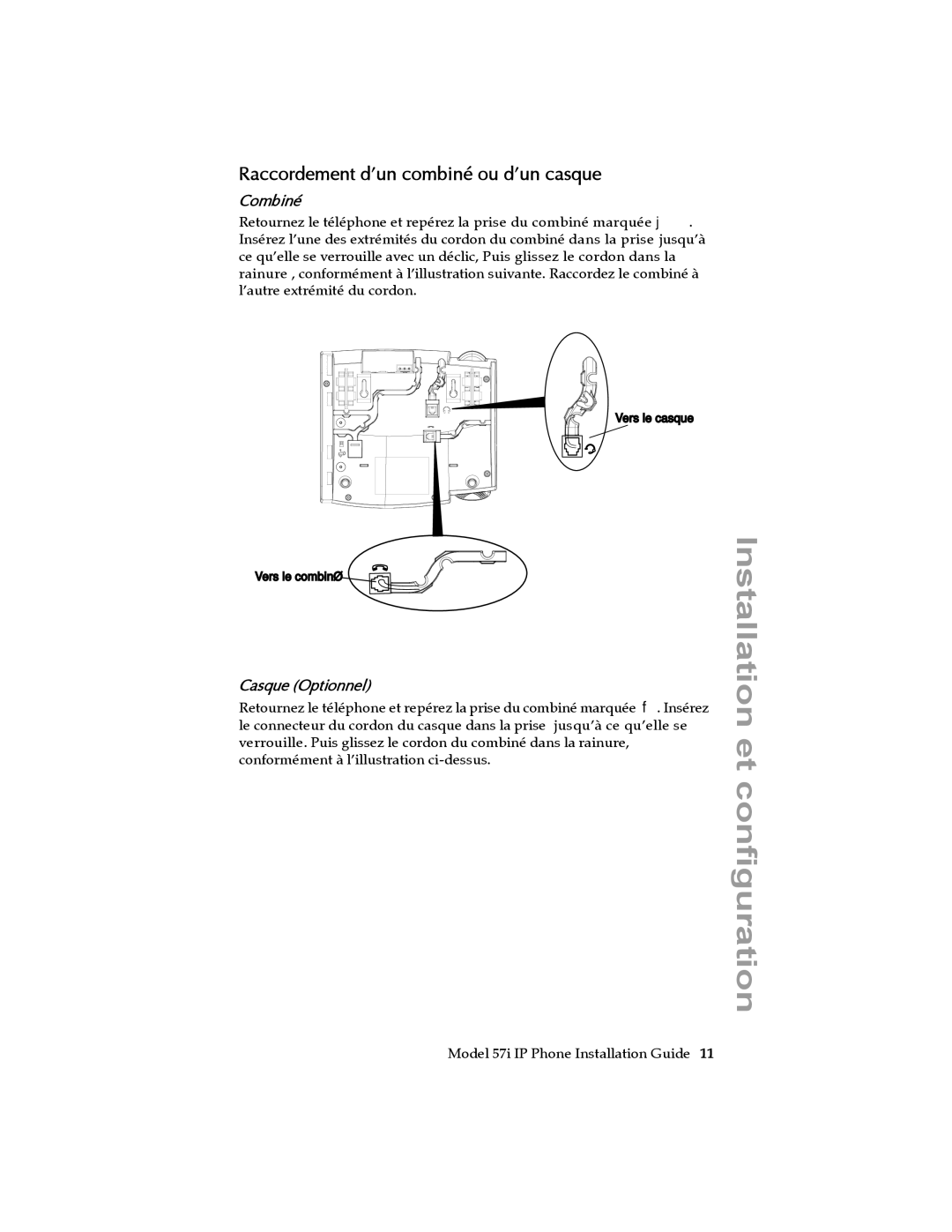 Aastra Telecom 57I IP manual Raccordement d’un combiné ou d’un casque, Combiné 