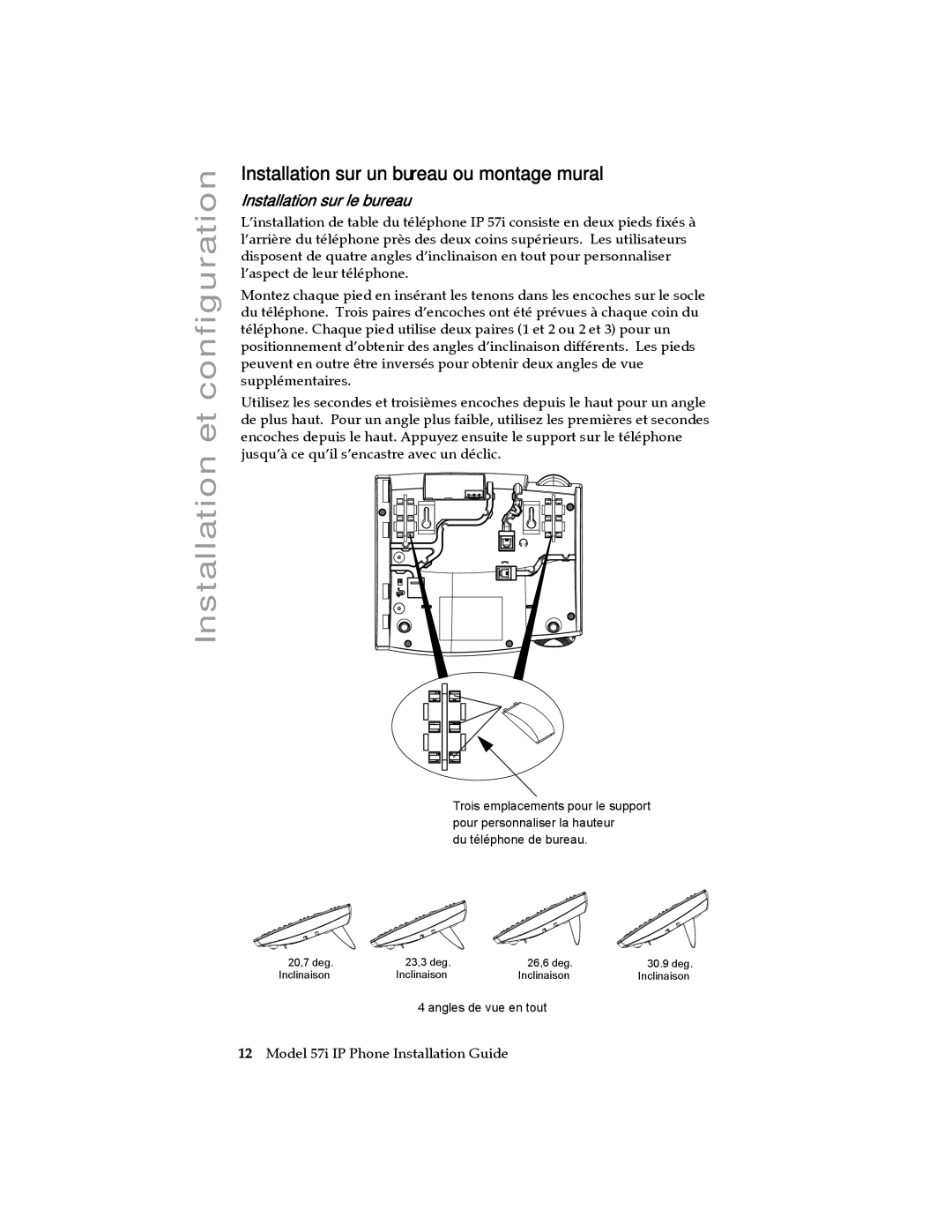 Aastra Telecom 57I IP manual Installation sur un bureau ou montage mural, Installation sur le bureau 