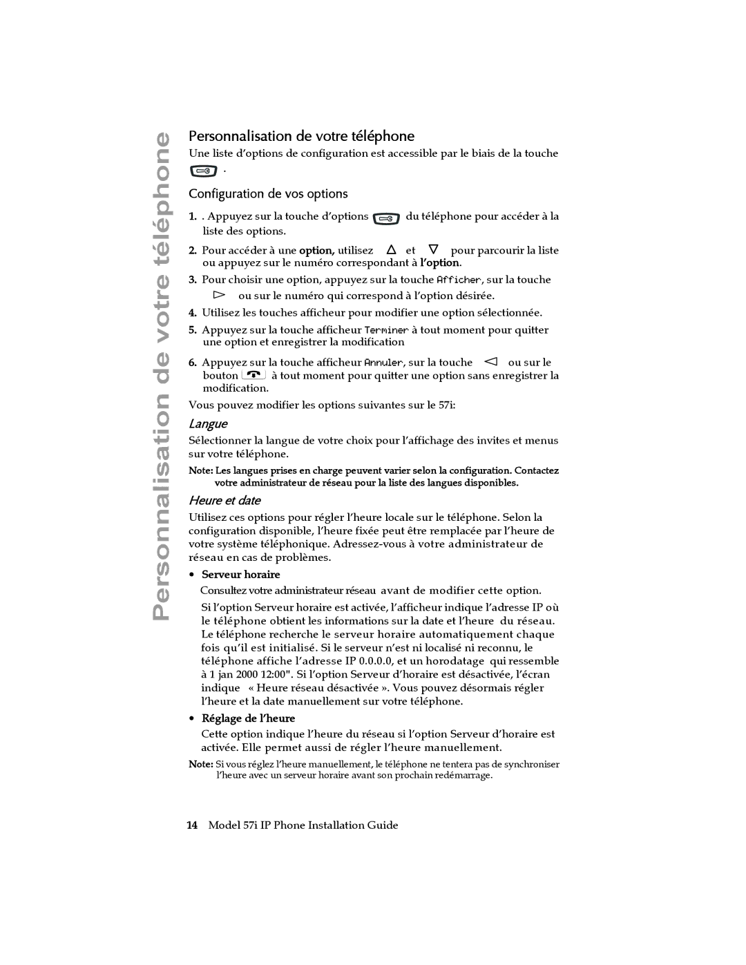 Aastra Telecom 57I IP manual Personnalisation de votre téléphone, Configuration de vos options, Langue, Heure et date 