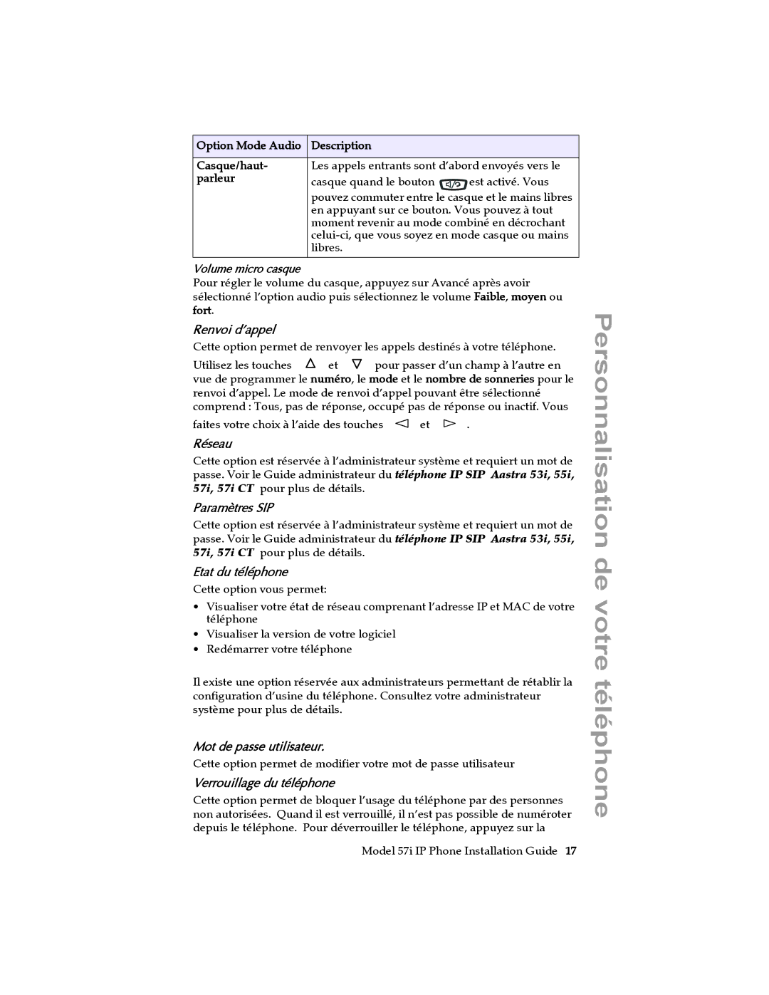 Aastra Telecom 57I IP manual Renvoi d’appel, Réseau, Paramètres SIP, Etat du téléphone, Mot de passe utilisateur 