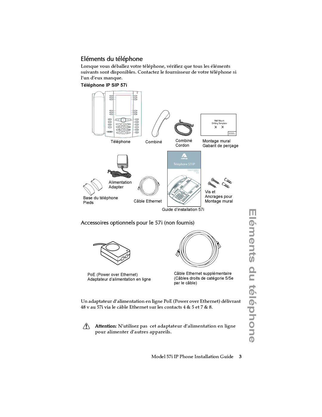 Aastra Telecom 57I IP manual Eléments du téléphone, Accessoires optionnels pour le 57i non fournis, Téléphone IP SIP 