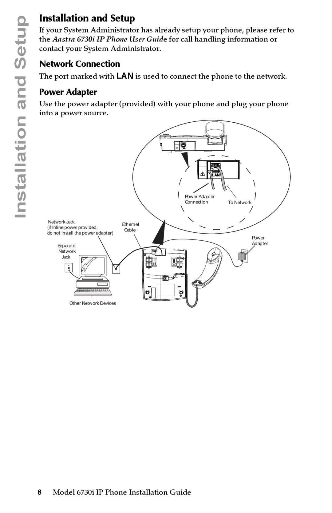 Aastra Telecom 6730I manual Installation and Setup, Network Connection, Power Adapter 