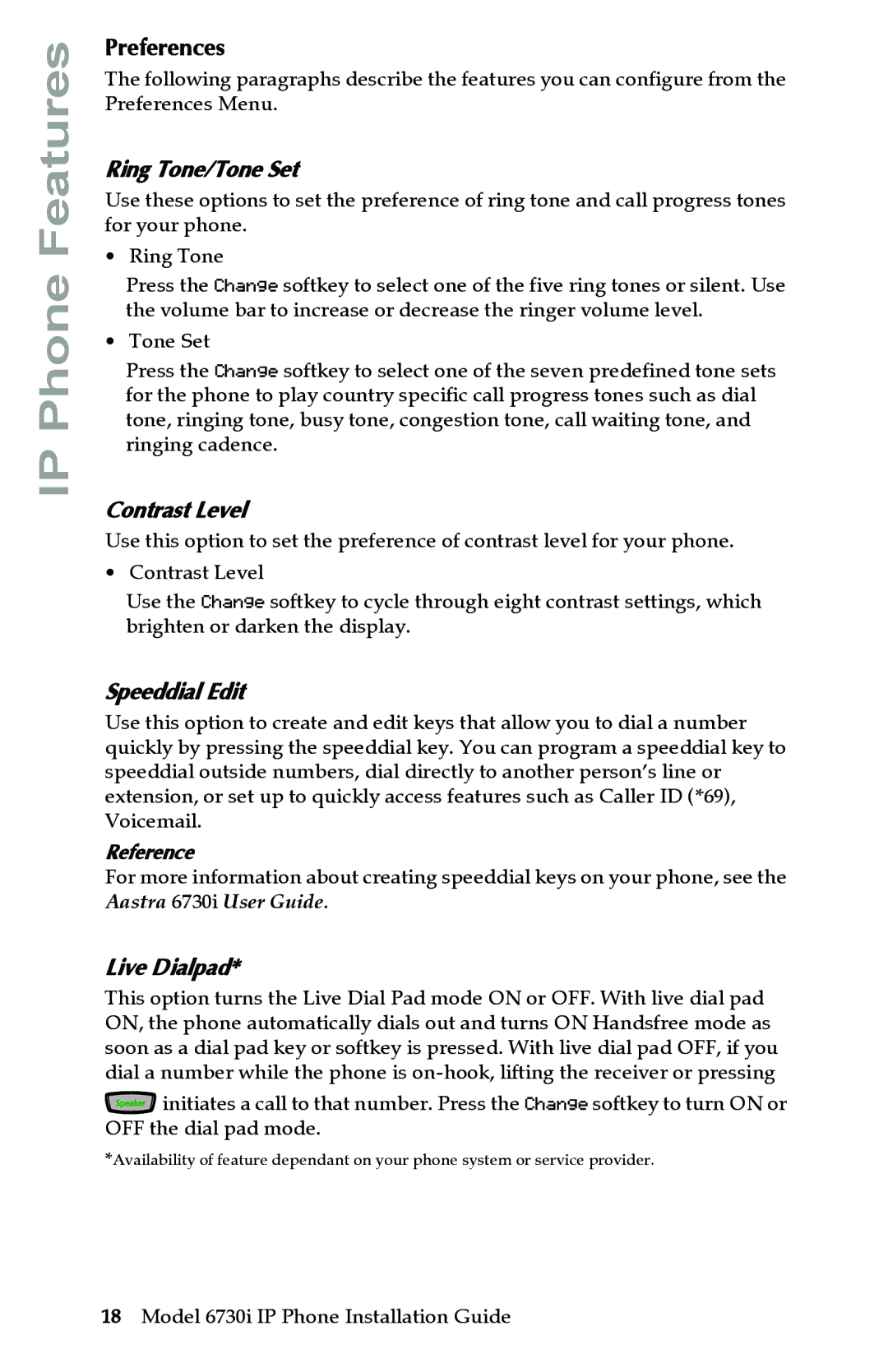 Aastra Telecom 6730I manual Preferences, Ring Tone/Tone Set, Contrast Level, Speeddial Edit, Live Dialpad 