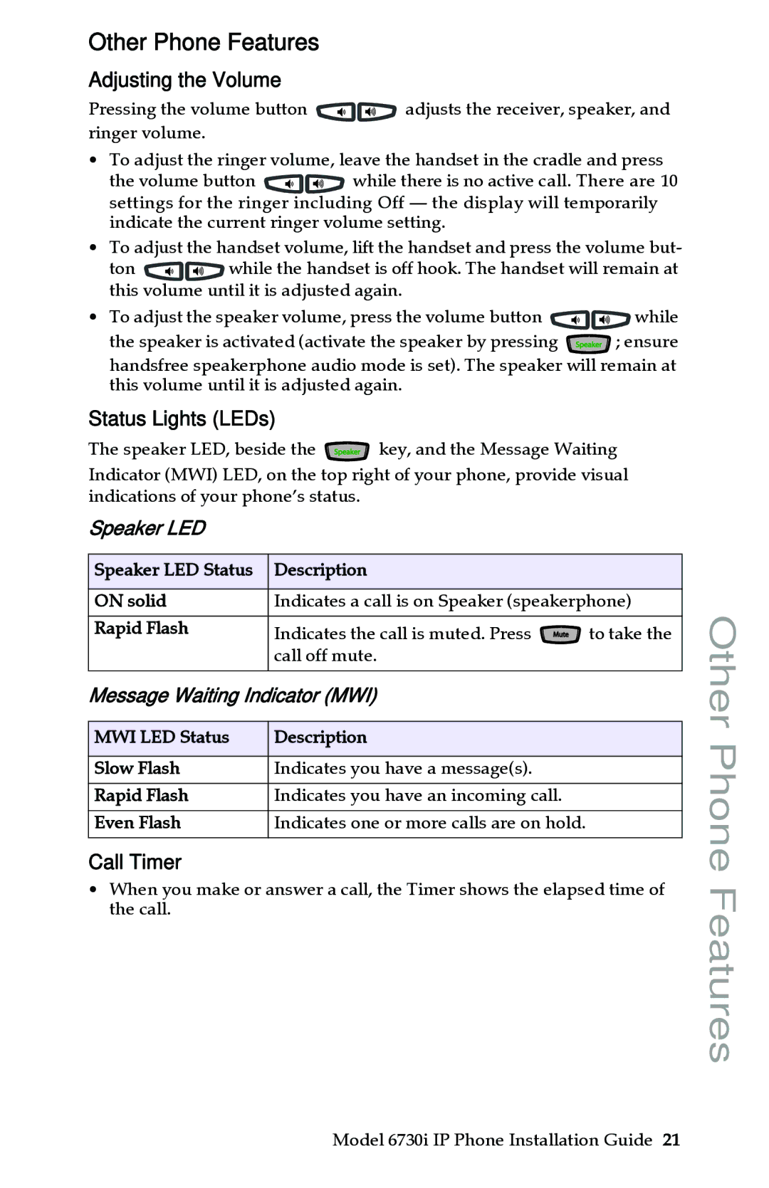 Aastra Telecom 6730I manual Other Phone Features, Adjusting the Volume, Status Lights LEDs, Call Timer 