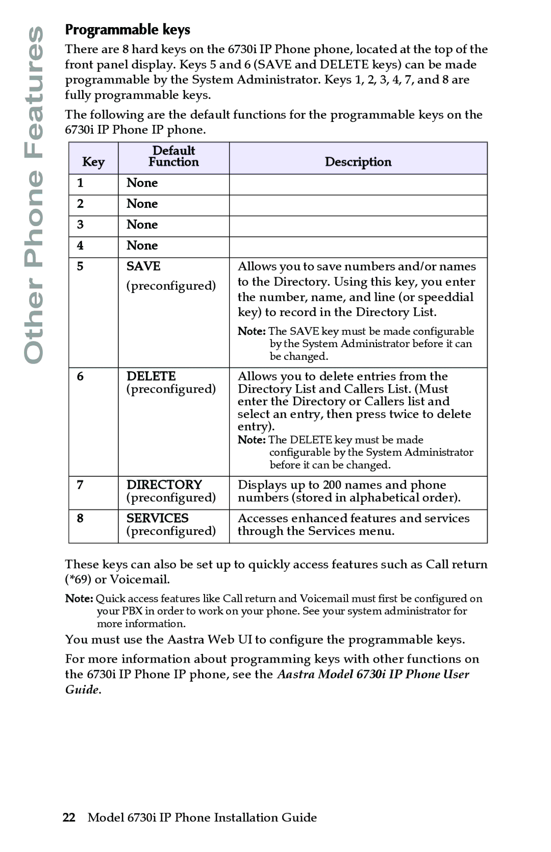 Aastra Telecom 6730I manual Programmable keys, Save 