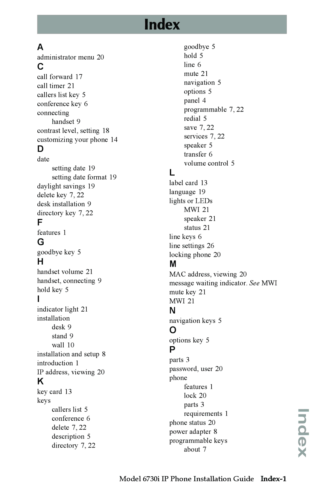 Aastra Telecom 6730I manual Index 