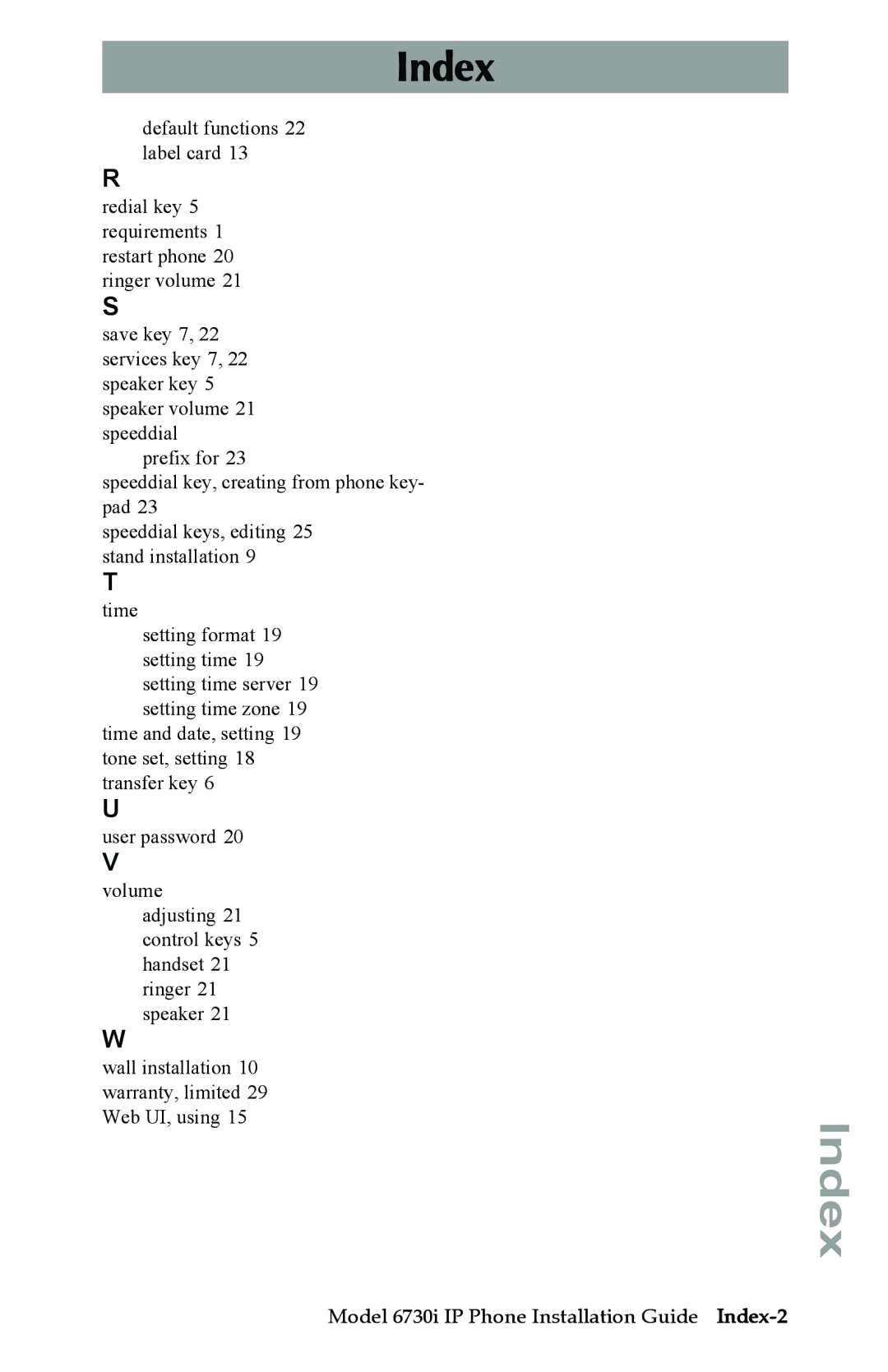 Aastra Telecom 6730I manual Model 6730i IP Phone Installation Guide Index-2 