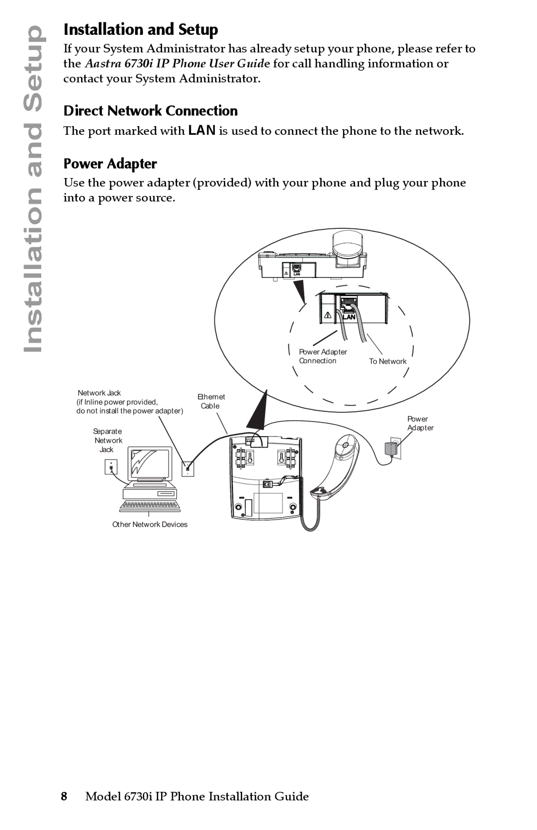 Aastra Telecom 6730I manual Installation and Setup, Direct Network Connection, Power Adapter 