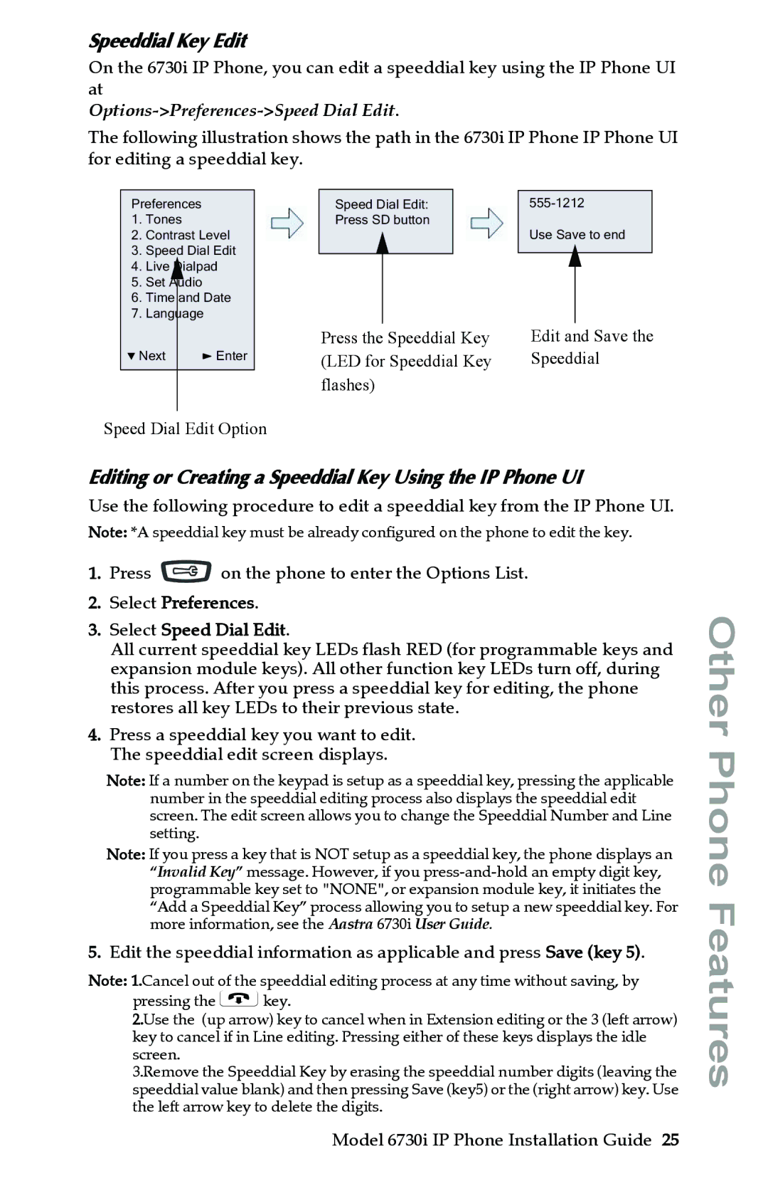 Aastra Telecom 6730I manual Speeddial Key Edit, Editing or Creating a Speeddial Key Using the IP Phone UI 