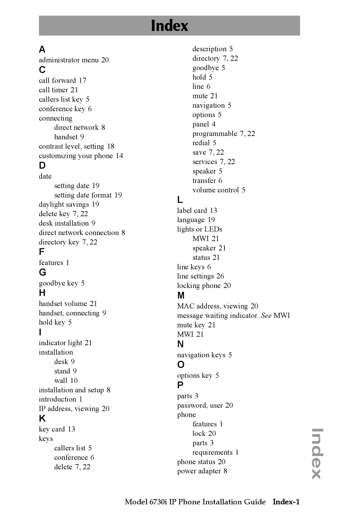 Aastra Telecom 6730I manual Index 