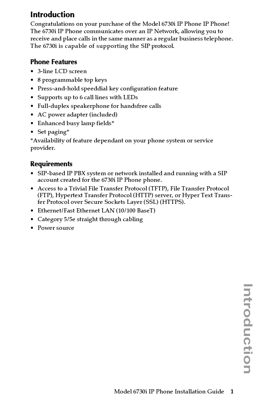 Aastra Telecom 6730I manual Introduction, Phone Features, Requirements 