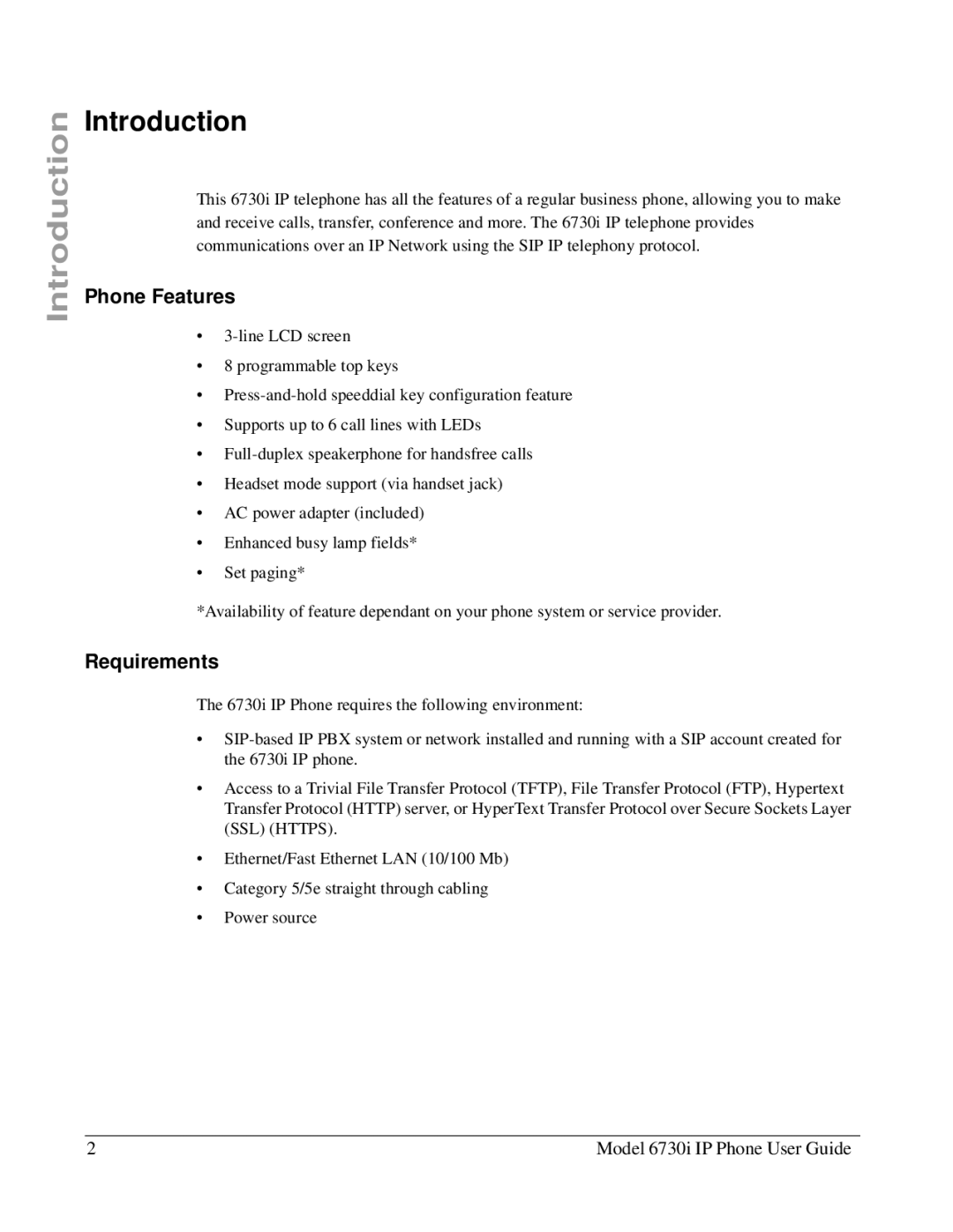 Aastra Telecom 6730I manual Introduction, Phone Features, Requirements 