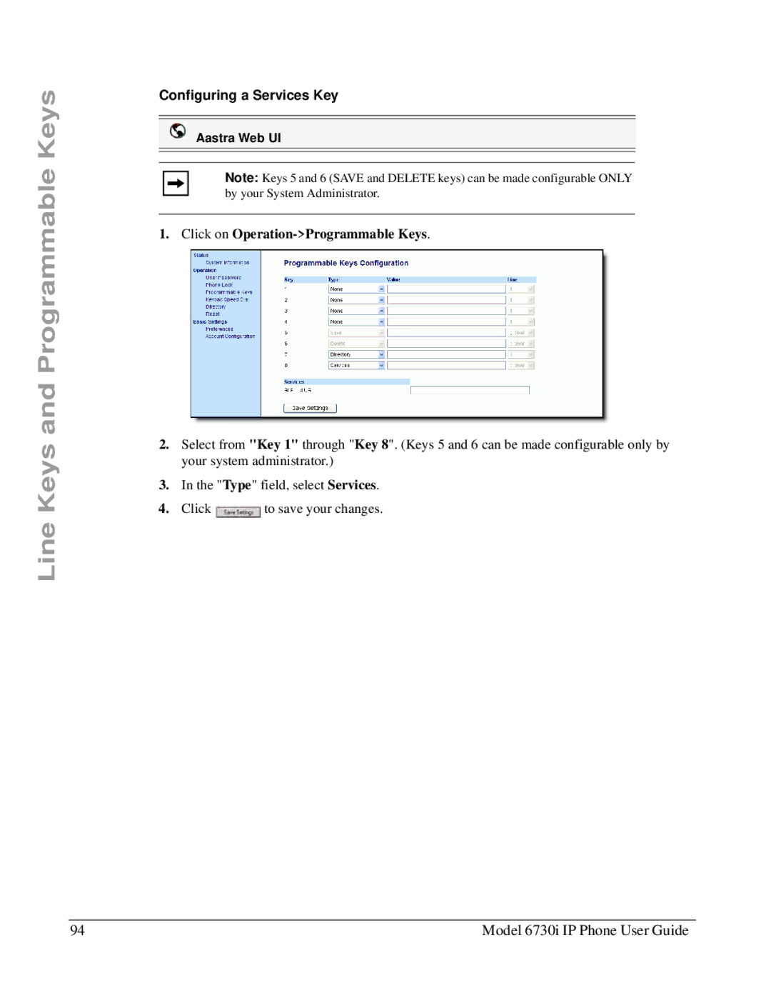 Aastra Telecom 6730I manual Configuring a Services Key, Click on Operation-Programmable Keys 