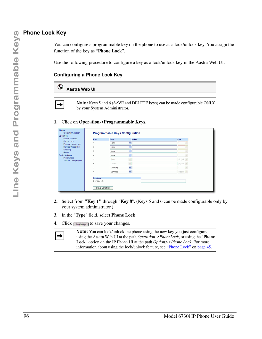 Aastra Telecom 6730I manual Configuring a Phone Lock Key 