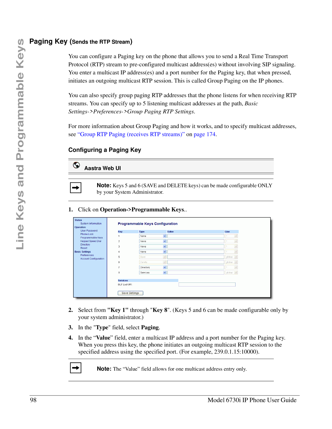 Aastra Telecom 6730I manual Configuring a Paging Key 