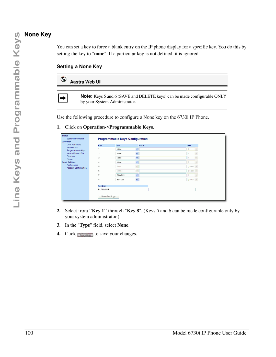 Aastra Telecom 6730I manual Model 6730i IP Phone User Guide, Setting a None Key 