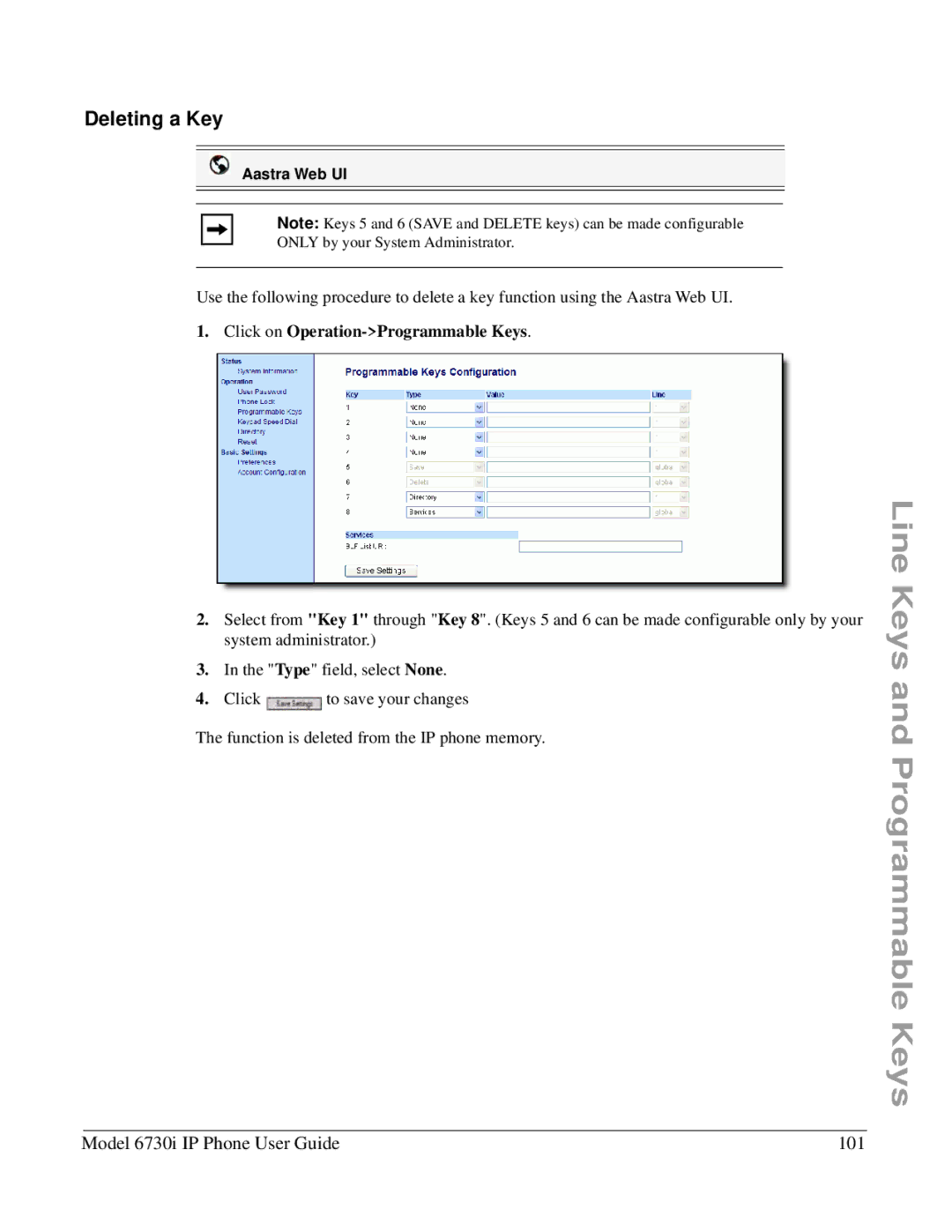 Aastra Telecom 6730I manual Deleting a Key, Model 6730i IP Phone User Guide 101 