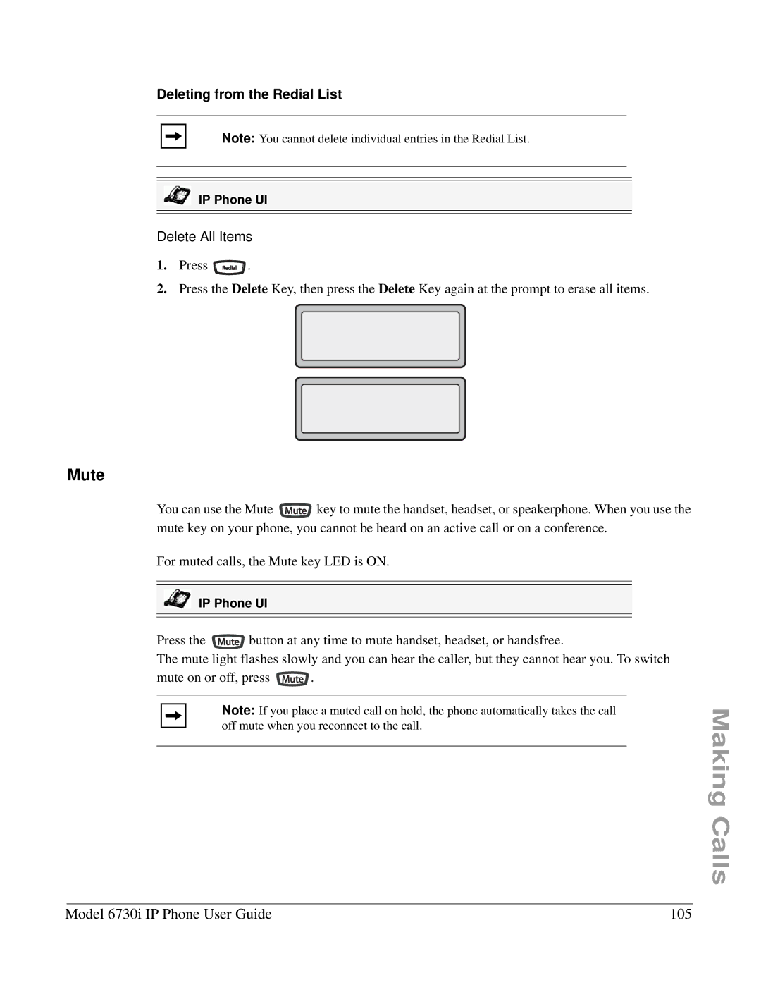 Aastra Telecom 6730I manual Mute, Model 6730i IP Phone User Guide 105, Deleting from the Redial List, Delete All Items 