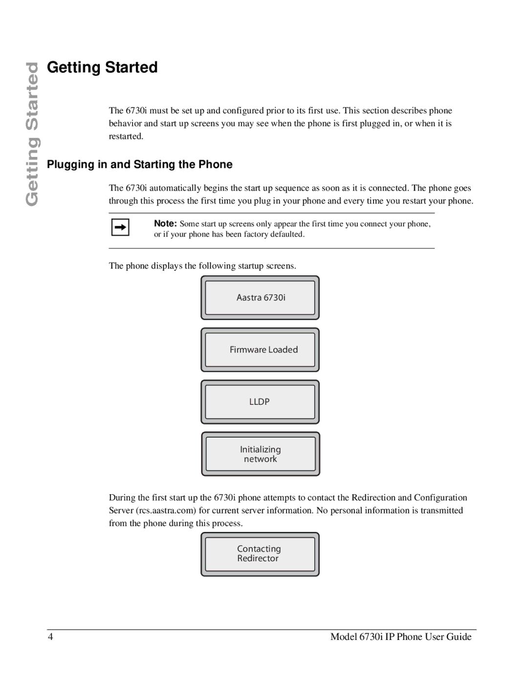 Aastra Telecom 6730I manual Getting Started, Plugging in and Starting the Phone 