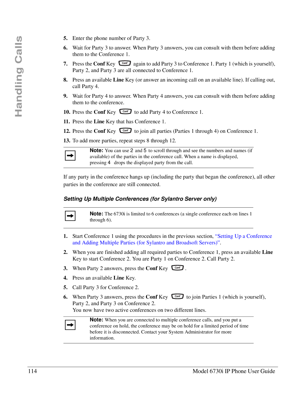 Aastra Telecom 6730I manual Model 6730i IP Phone User Guide, Setting Up Multiple Conferences for Sylantro Server only 