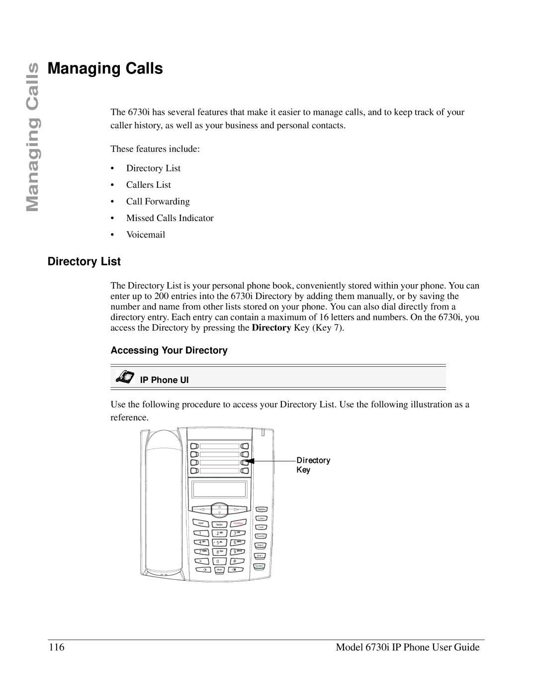 Aastra Telecom 6730I manual Managing Calls, Directory List, Model 6730i IP Phone User Guide, Accessing Your Directory 