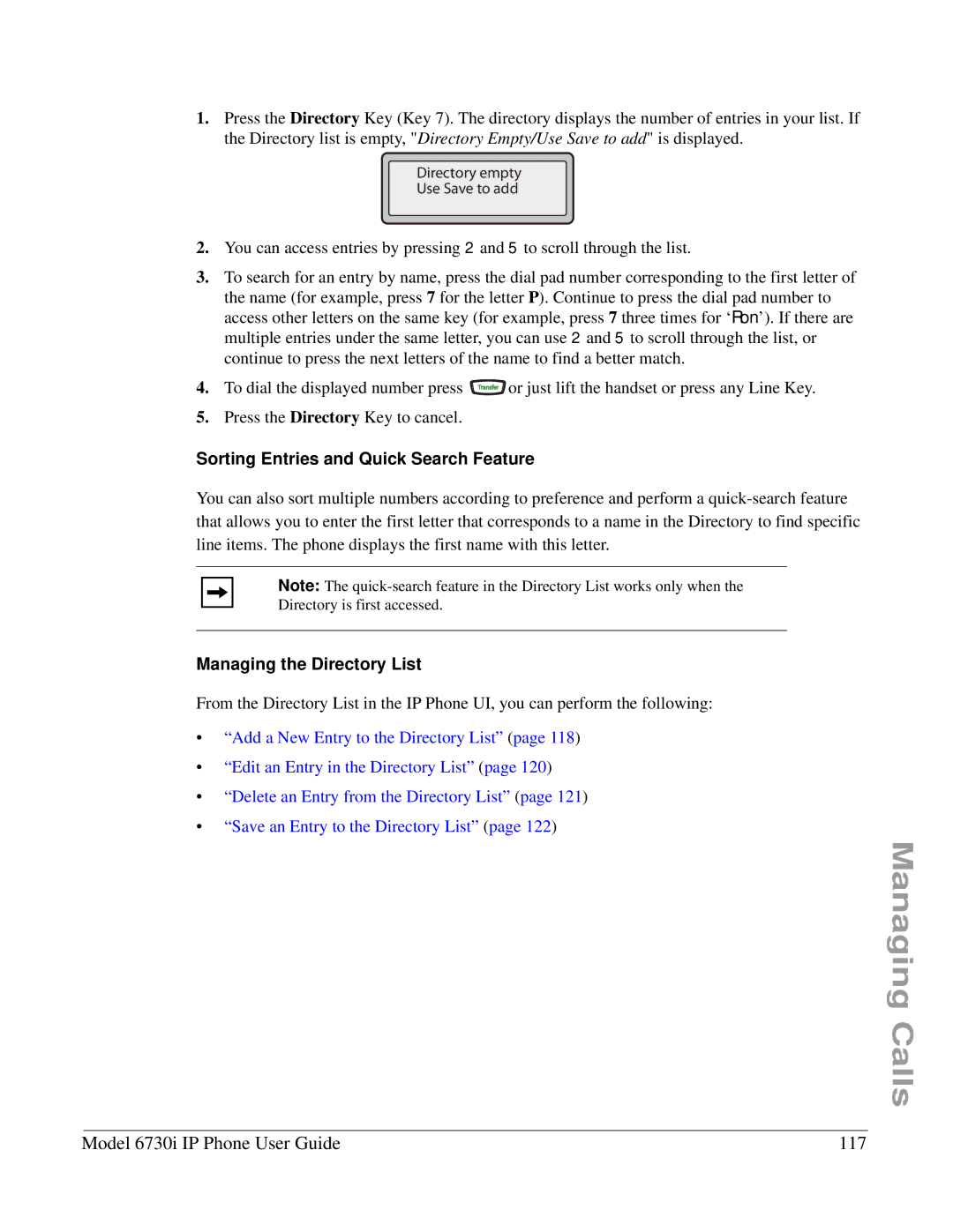 Aastra Telecom 6730I manual Model 6730i IP Phone User Guide 117, Sorting Entries and Quick Search Feature 