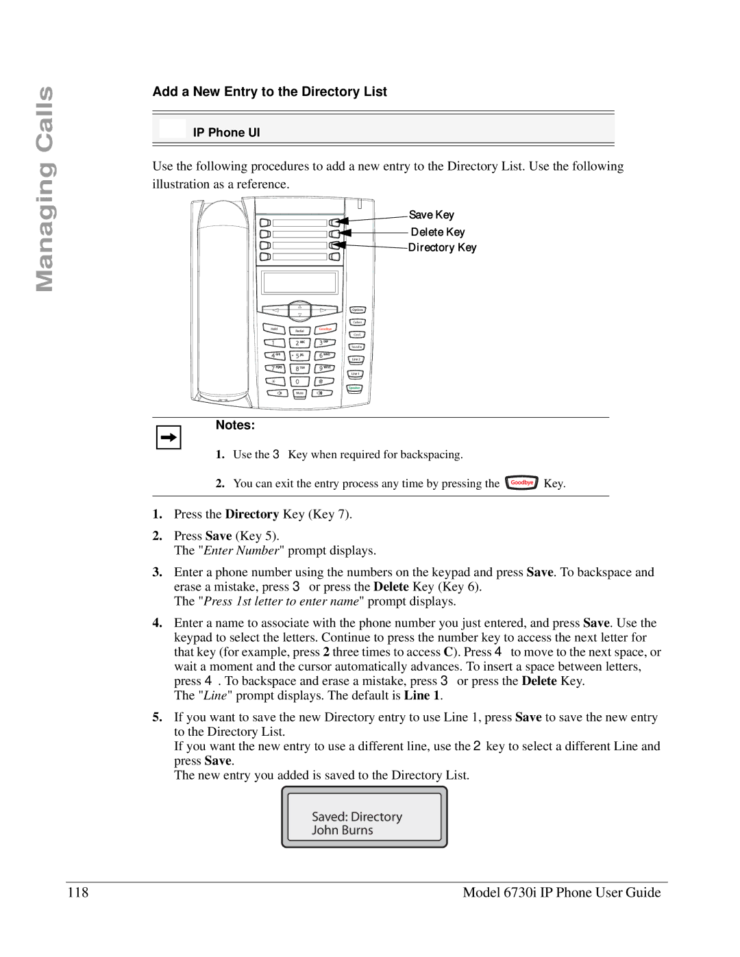 Aastra Telecom 6730I manual Model 6730i IP Phone User Guide, Add a New Entry to the Directory List 