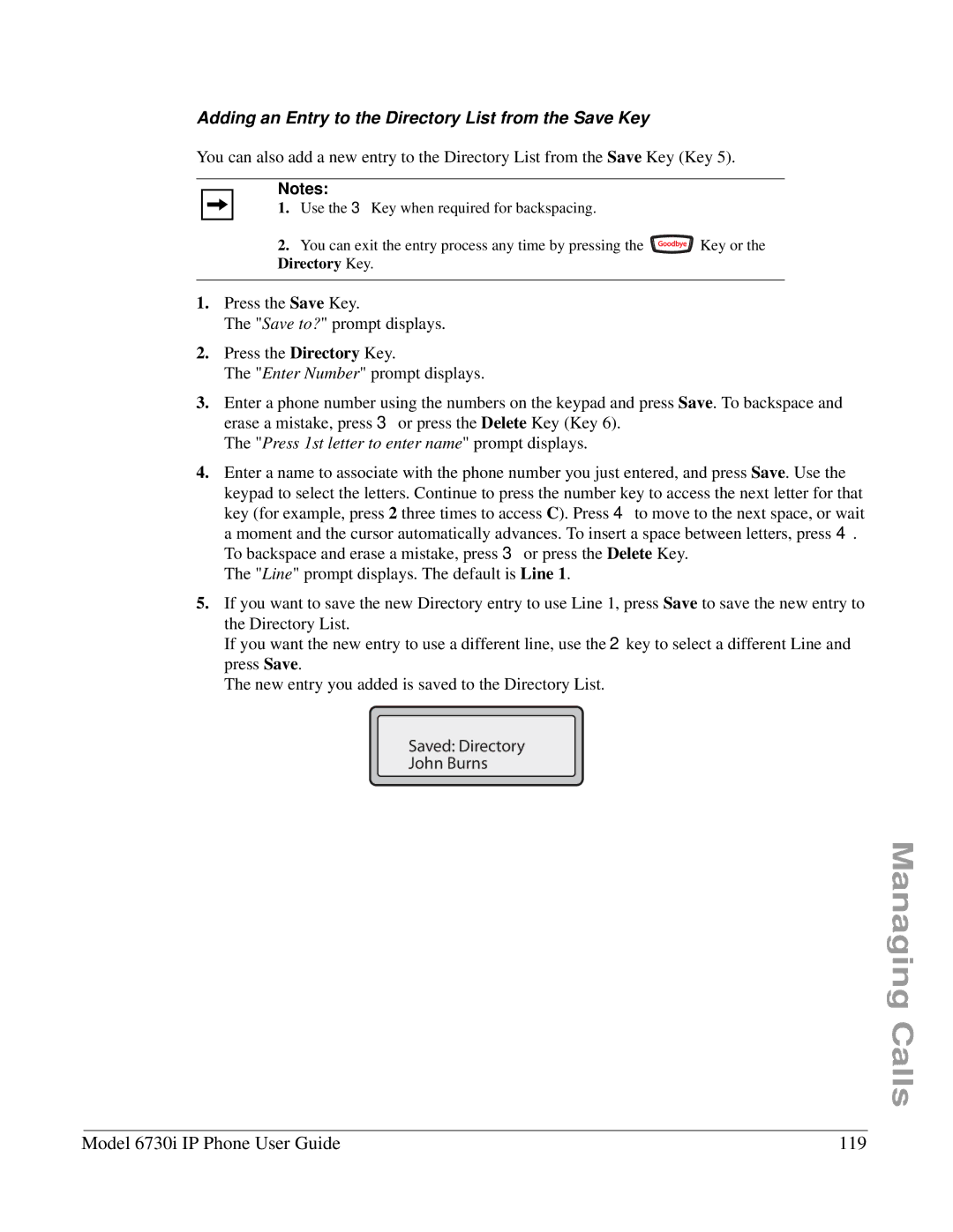 Aastra Telecom 6730I manual Model 6730i IP Phone User Guide 119, Adding an Entry to the Directory List from the Save Key 