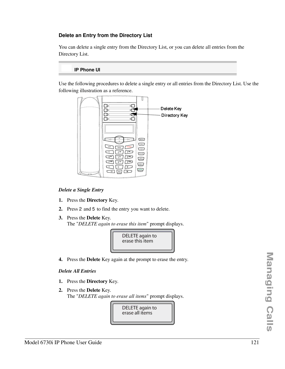 Aastra Telecom 6730I manual Model 6730i IP Phone User Guide 121, Delete an Entry from the Directory List 