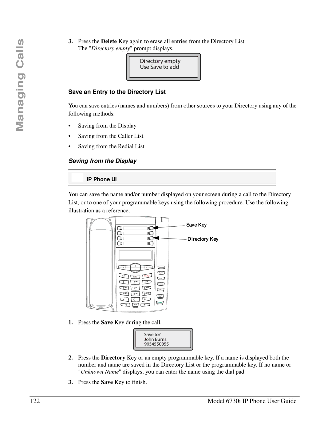 Aastra Telecom 6730I manual Model 6730i IP Phone User Guide, Save an Entry to the Directory List, Saving from the Display 