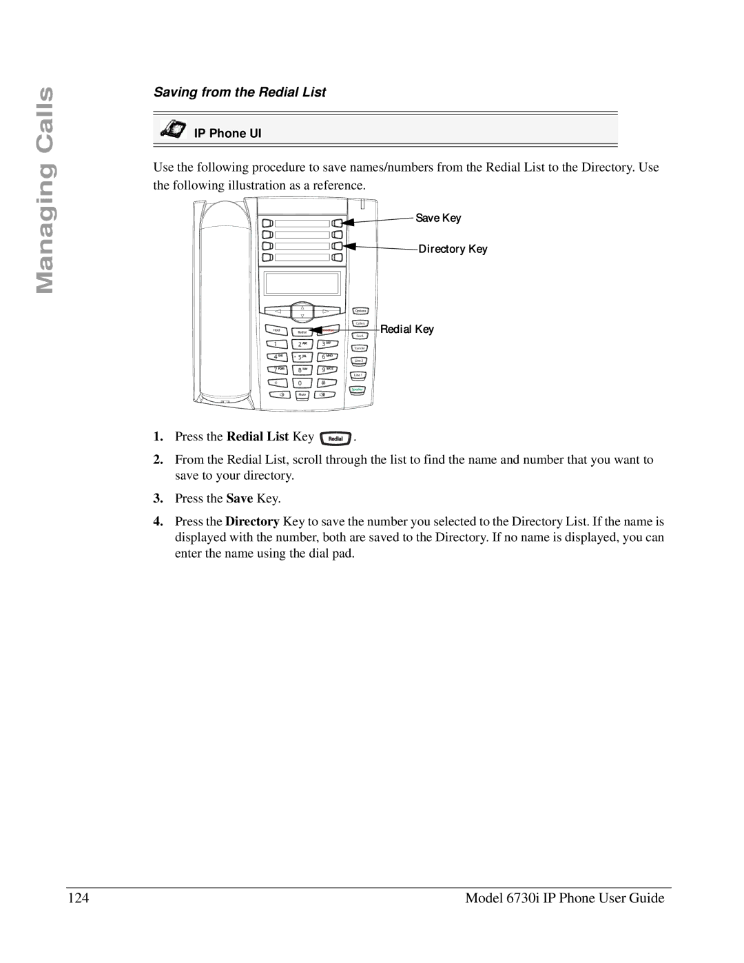 Aastra Telecom 6730I manual Model 6730i IP Phone User Guide, Saving from the Redial List 