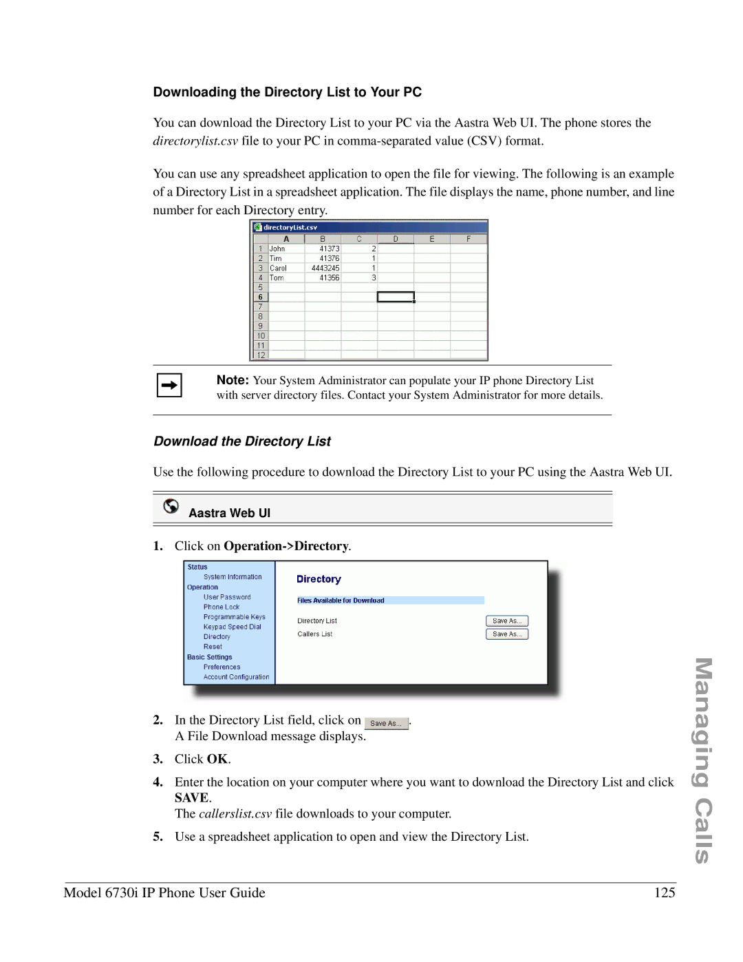 Aastra Telecom 6730I manual Model 6730i IP Phone User Guide 125, Downloading the Directory List to Your PC 