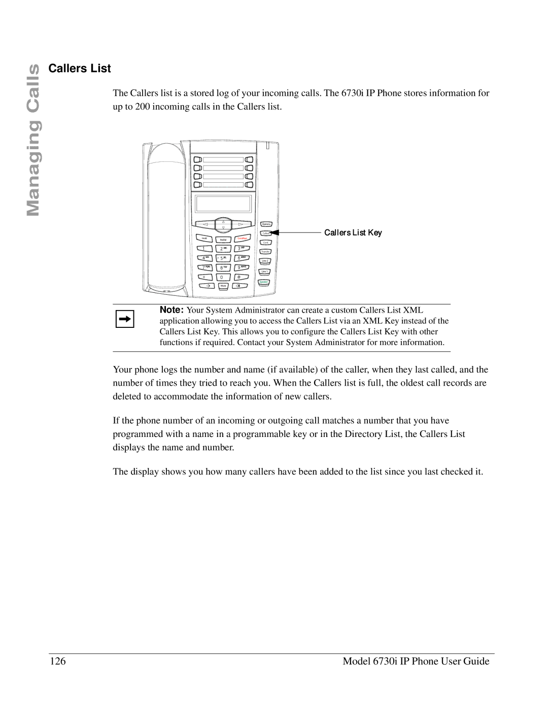 Aastra Telecom 6730I manual Callers List, Model 6730i IP Phone User Guide 