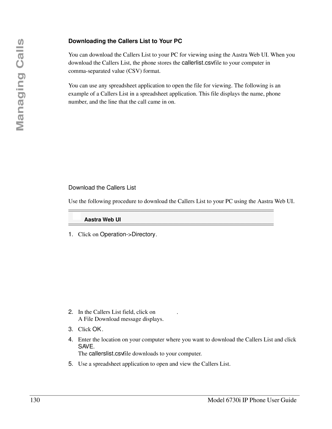 Aastra Telecom 6730I Model 6730i IP Phone User Guide, Downloading the Callers List to Your PC, Download the Callers List 