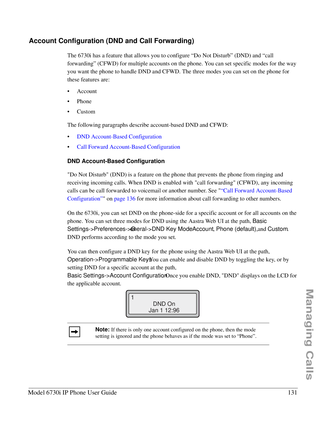 Aastra Telecom 6730I manual Account Configuration DND and Call Forwarding, Model 6730i IP Phone User Guide 131 