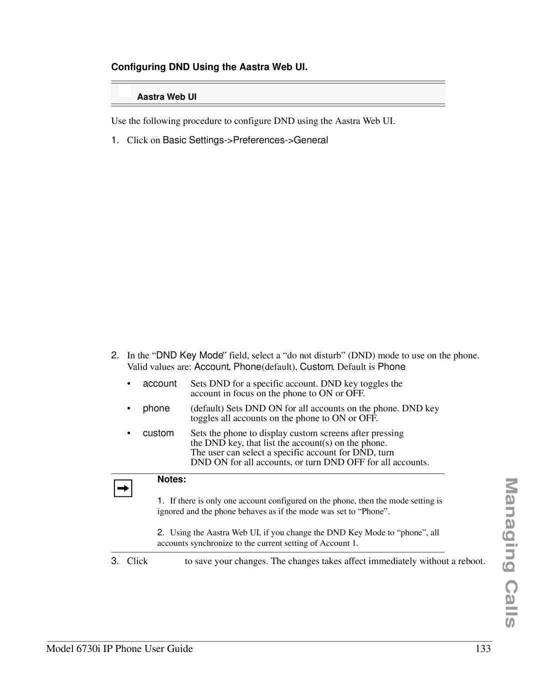 Aastra Telecom 6730I manual Model 6730i IP Phone User Guide 133, Configuring DND Using the Aastra Web UI 