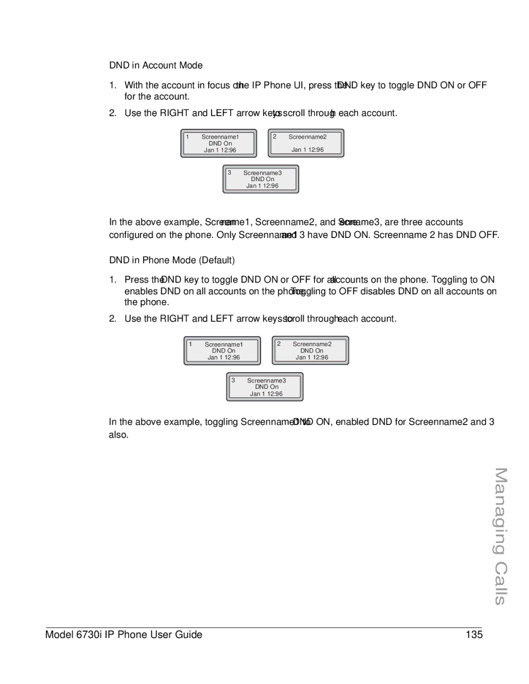 Aastra Telecom 6730I manual Model 6730i IP Phone User Guide 135, DND in Account Mode, DND in Phone Mode Default 