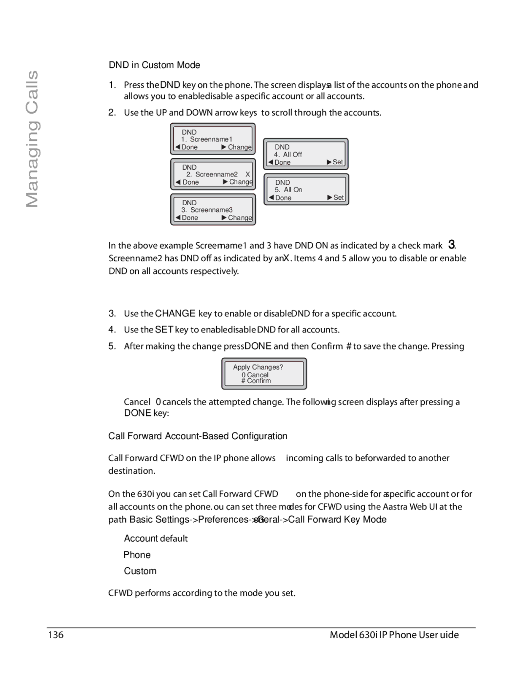 Aastra Telecom 6730I manual Model 6730i IP Phone User Guide, DND in Custom Mode, Call Forward Account-Based Configuration 