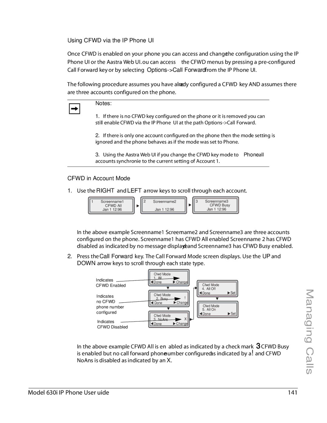 Aastra Telecom 6730I manual Model 6730i IP Phone User Guide 141, Using Cfwd via the IP Phone UI, Cfwd in Account Mode 