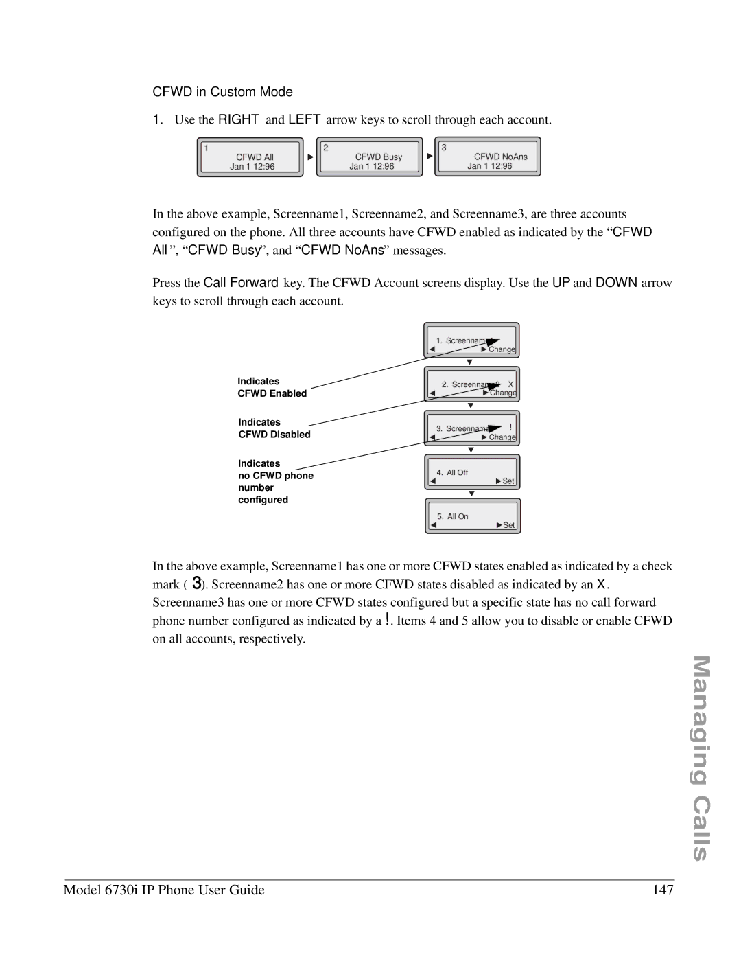 Aastra Telecom 6730I manual Model 6730i IP Phone User Guide 147, Cfwd in Custom Mode 