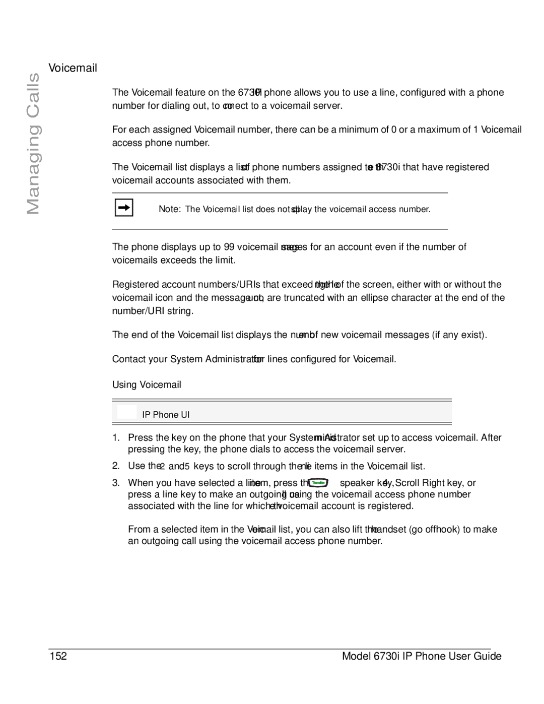 Aastra Telecom 6730I manual Model 6730i IP Phone User Guide, Using Voicemail 