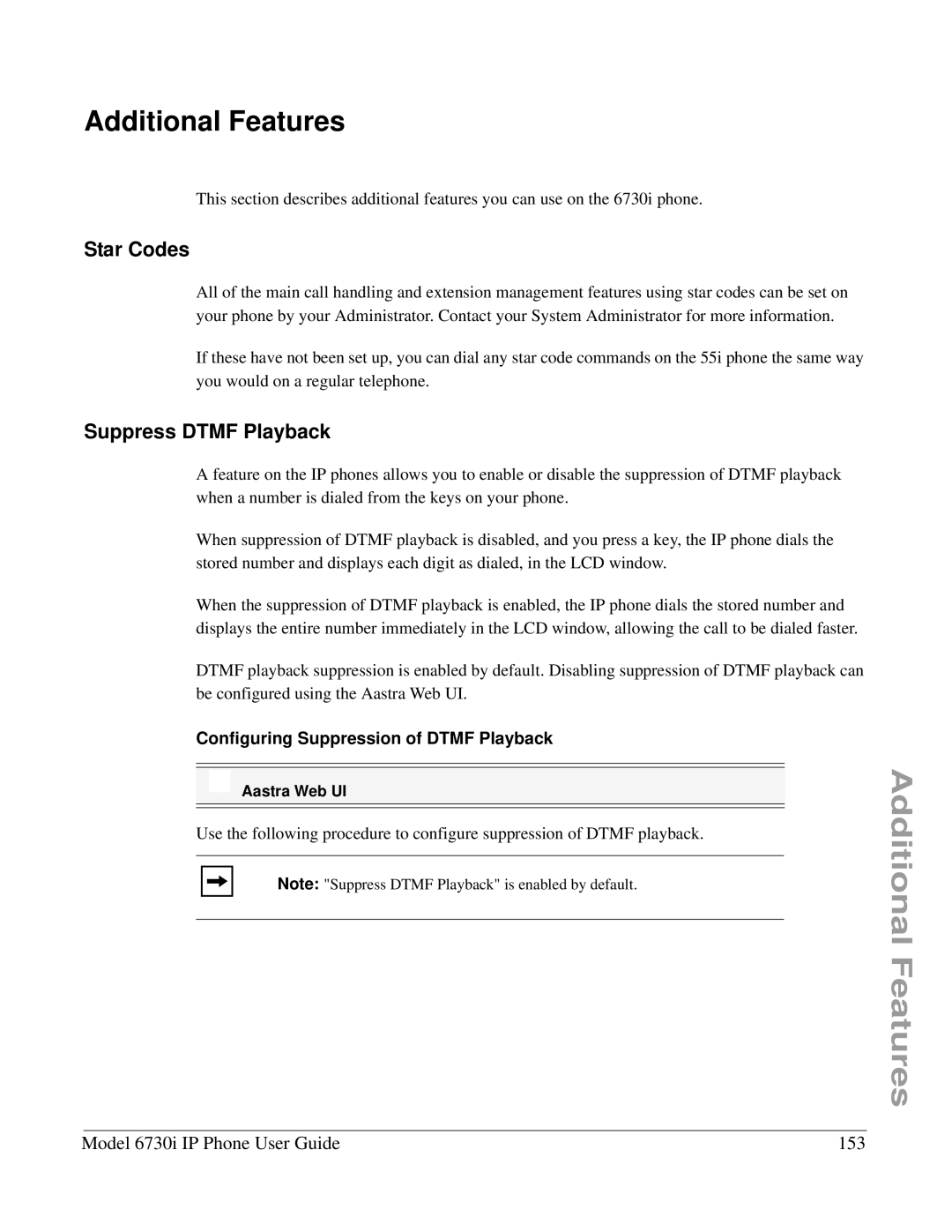 Aastra Telecom 6730I manual Additional Features, Star Codes, Suppress Dtmf Playback, Model 6730i IP Phone User Guide 153 