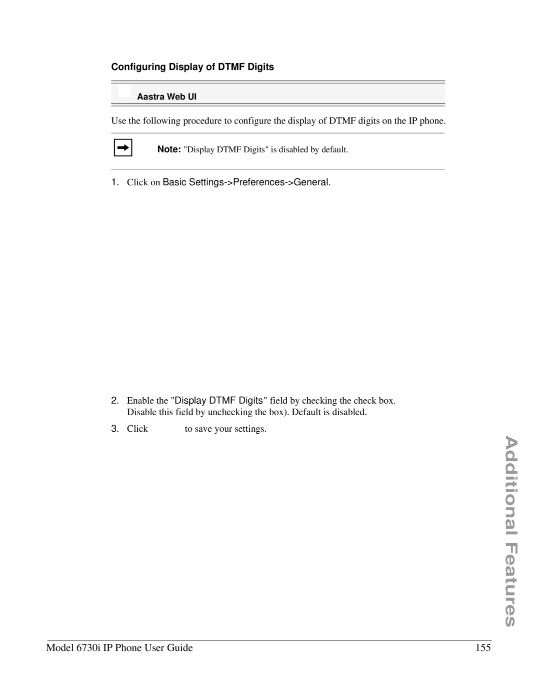 Aastra Telecom 6730I manual Model 6730i IP Phone User Guide 155, Configuring Display of Dtmf Digits 